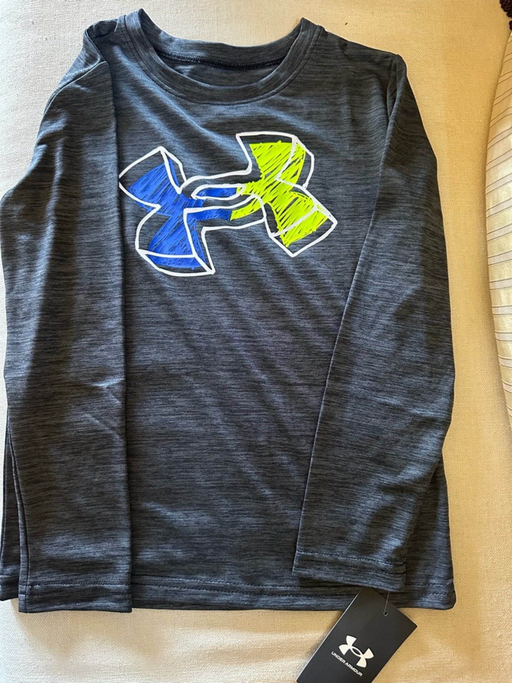 Under Armour Gray Long-Sleeve Tee with Blue and Neon Yellow Logo
